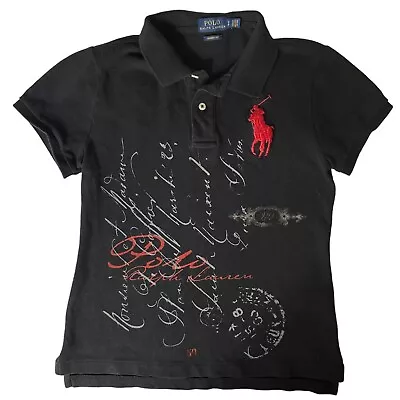 Polo Ralph Lauren Pique Black Polo Shirt Graphics Big Red Pony Women's S • $38