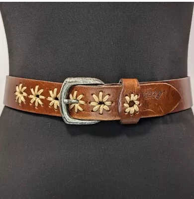 VINTAGE GUESS 90's Embroidered Brown Leather Belt Floral Western Boho Small USA • $18