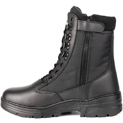 Black Leather SIDE ZIP Army Patrol Combat Boots Tactical Cadet Security 902 • £29.99
