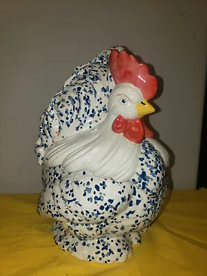 Vintage Atlanta Mold Chicken Cookie Jar With Blue Speckles   • $13.50