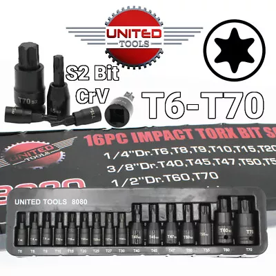 16 Pcs INDUSTRIAL 8080 - Impact - T-Star Torx Sockets - T6 - T70 Socket Set - • £13.99