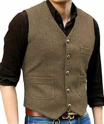 Retro Men's Vintage Tweed Waistcoats V-Neck Herringbone Wool Vests Slim Jackets • $30.90