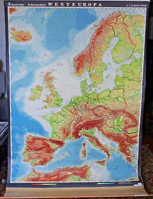 MAP WESTERN EUROPE - HUGE VINTAGE PULL DOWN SCHOOL MAP - VEB HERMANN HAACK 60s • $150