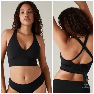 ATHLETA L Longline Plunge D-DD Bikini Top LARGE Black Active Sport Swim Suit NEW • £36.66