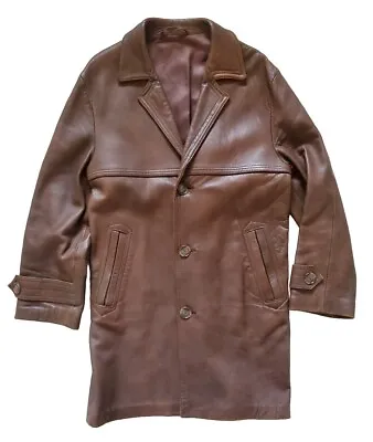 Vintage LEATHER TRENCH COAT Long Overcoat Mens M Brown Handmade Bradleys Uk 70s • $124.36