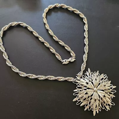 SIGNED MONET Vintage Necklace Pendant Flower Tiered Silver Tone 150 • $6.50