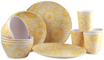 Melamine Dinner Set 16-Piece Plates Bowls Tumblers For 4 Yellow Floral Crockery • £44.95