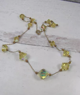 Vintage Yellow Faceted Crystal Bead And Brass Chain Necklace Bicone • $35