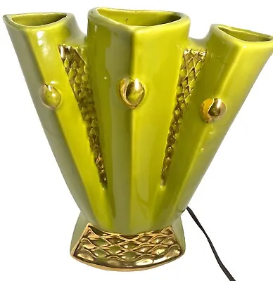 VINTAGE MCM ART DECO DESIGN TV LAMP W/Vase Chartreuse W/Gold Accent See Descript • $110