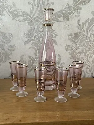Vintage Bohemian Decanter Set 6 Cups Glass Pink  Decanter With Gilded Stripes • £30