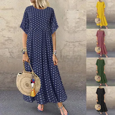 $23.74 • Buy AU STOCK Women Summer Bohemia Polka Dot Long Maxi Dress Short Sleeve Kaftan Gown