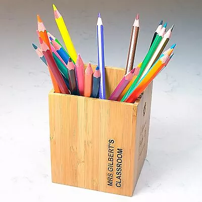 £14.99 • Buy Personalised Pen Pot Engraved With Teachers Name. Bamboo Desk Organiser For