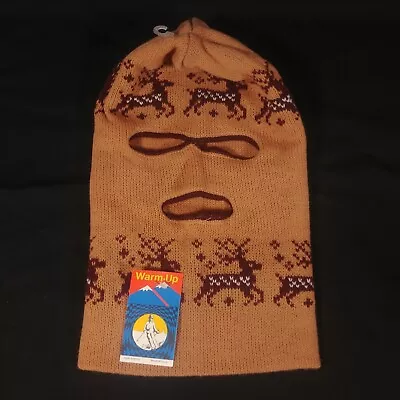 Knit Ski Mask 3 Hole Nordic Deer Brown White Snow Hat Robber Unisex USA Made Vtg • $25