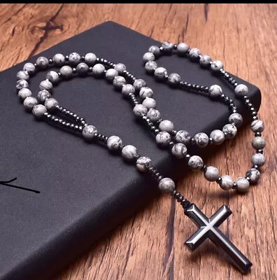 Rare Jade Natural Stone Rosary Beads Hematite Necklace Cross Crucifix Men Women • $28.95