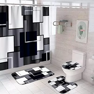 $39.04 • Buy 4 Pcs Black Square Modern Shower Curtain Set With Rugs-Black And White Shower...