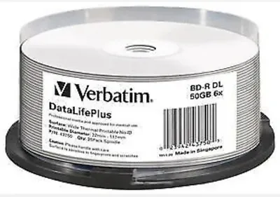 £14.99 • Buy Blu-Ray Verbatim DataLifePlus BD-R SL 6x 25GB 25 Pack Spindle THERMAL PRINTABLE