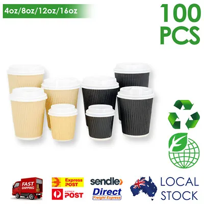 Takeaway Rippled/Double Wall Coffee Cups Disposable With Flat Lids 8oz/12oz/16oz • $32.50