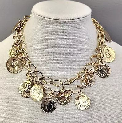 Coin Necklace Belt Charms Dangles Gold Tone Curb Link Chain Chunky Napoleon 36  • $22