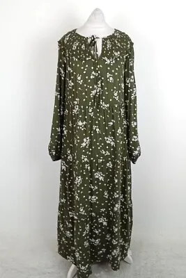 Women's M&S Dress Green Floral Print Tie Neck Long Sleeve Tiered Maxi NEW F2 • £7.99