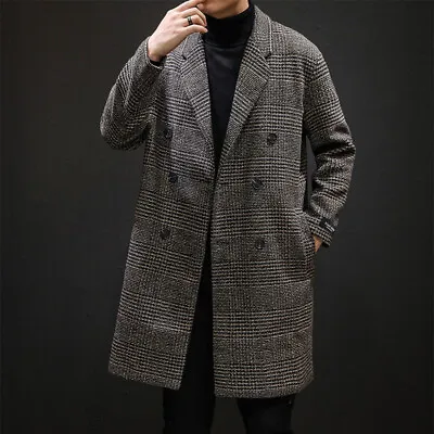 Men Houndstooth Jacket Casual Overcoat Long Tartan Coat Winter Warm Blazer • £57.85