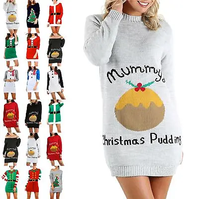 Womens Ladies Kintted Xmas Christmas Xmas Elf Costume Baggy Jumper Mini Dress • £14.69