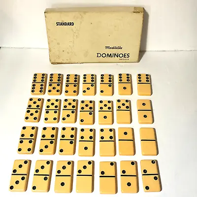 Vintage Butterscotch Bakelite Catalin Dominoes In Box Complete 38 Pcs • $34.99
