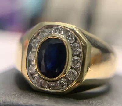 Men’s 14k Gold Diamond Sapphire Ring Size 11 • $1350