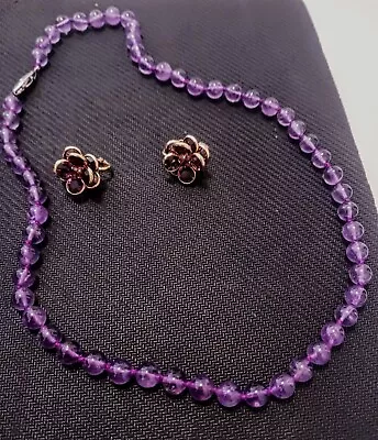 Vintage  Amethyst  Bead Necklace With Crystal Swarovski Earrings • $11