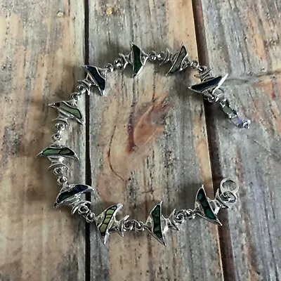 Vintage Silver Tone Abalone Angel Fish Link Bracelet  • $8