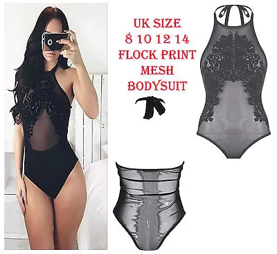 £8.99 • Buy Womens Flock Print Sheer Mesh Halter Neck Bodysuit Ladies Black Sexy Leotard Top
