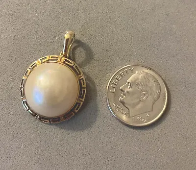 14K 585 Yellow Gold Genuine 15.4 Mm Mabe Pearl Pendant Enhancer Greek Key Rim • $278