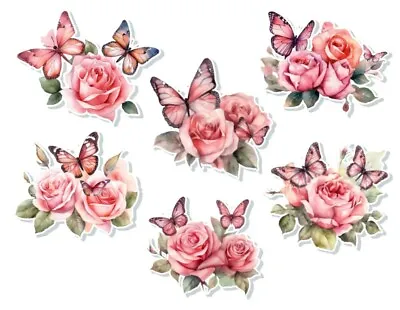 £2.99 • Buy 6 X Rose Flower  Butterfly Vinyl Stickers Decals Wall MacBook Laptop IPad