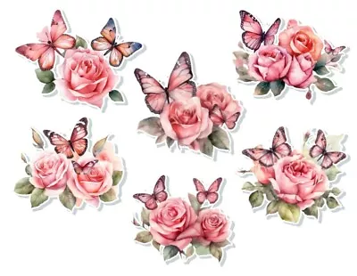 £2.99 • Buy 6 X Rose Flower  Butterfly Vinyl Stickers Decals Wall MacBook Laptop IPad