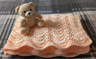 Hand Crafted Knitted Baby Blanket. Peach And Cream - Wave Pattern In Baby DK • £8.99
