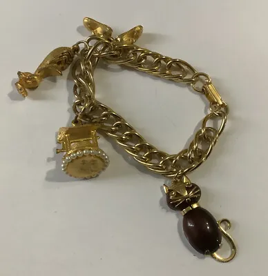 Vintage OBCO Cat & More Chunky Gold Tone Charm Bracelet 6 1/2” Long • $35.99