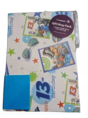 Gift 2 13th Birthday Male Thick Wrapping Paper 50×70cm & 2 Gift Tags  • £1.50
