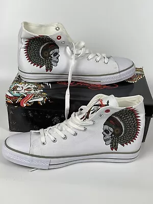 Ed Hardy Skull Mens Sz 11 White Canvas Lace Up Lifestyle Sneakers Shoes EH9038H • $69.95