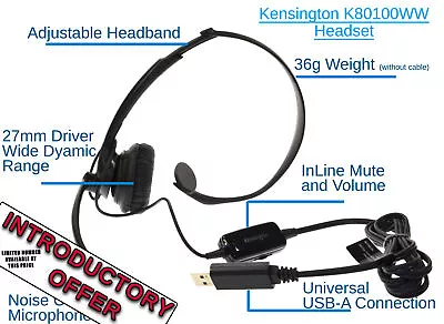 Kensington Office Call Centre Headset Monaural Noise Cancelling In Line Controls • £7