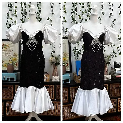 Vintage 80s Prom Dress Black White Sequins Puff Sleeves Beaded Mermaid S/M • $64.99