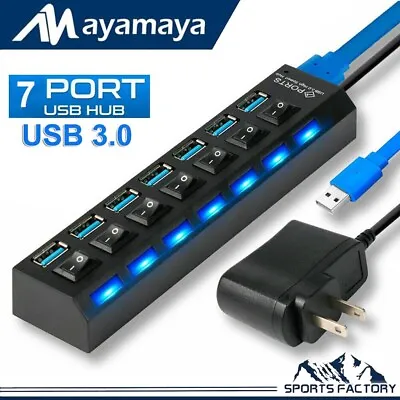 USB 3.0 Hub 7 Port On/Off Switch High Speed Splitter AC Adapter Cable PC Laptop • $11.89