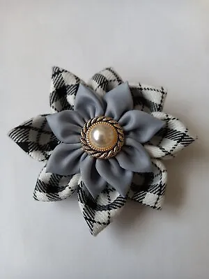 Black & White Tartan Style Fabric Brooch. Grey Inner Flower. Faux Pearl Centre  • £6.99