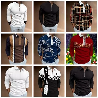 Polo Shirt Men Zipper Collar Fashion Dress Long Sleeve Golf Sport Soft Zip Tee T • $27.98