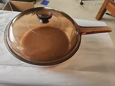 Pyrex Corning Vision Ware Amber 10” Glass Skillet With Lid Fry Pan Waffle Bottom • $27.70