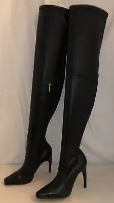38.5/8.5❤️Versace BLACK Stretch LEATHER OVER KNEE Thigh High HEEL BOOTS ITALY • $365.75