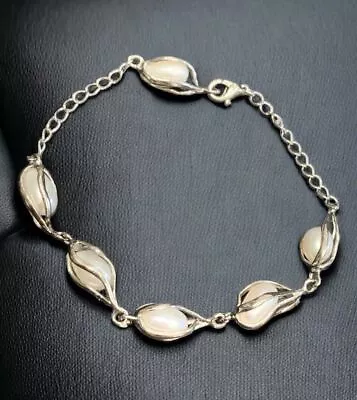 Vintage Ladies Silvertone Caged Real Large Pearl Link. Bracelet 9” Size Large • $24.20