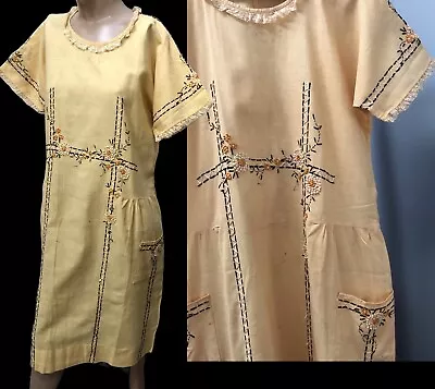 VTG Edwardian-1920s *ARTS & CRAFTS Embroidered Flowered YELLOW LINEN DRESS • $29