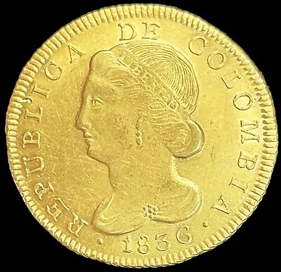 1836 Ur Gold Colombia 8 Escudos Coin Popayan Mint State Condition  • $2959