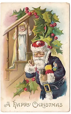 C1910 Girl Spies Blue Robe Santa Claus~Vintage Happy Xmas Christmas Postcard • $8.09