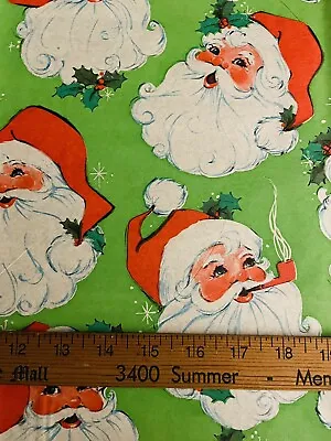 Vtg Christmas Wrapping Paper Gift Wrap Cute Santa Faces Holly On Green 1960 Nos • $7.46