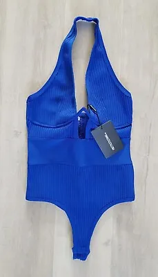 PRETTY LITTLE THING Size 8 Cobalt Blue BANDAGE RIB V-WIRE HALTERNECK BODYSUIT  • £9.95